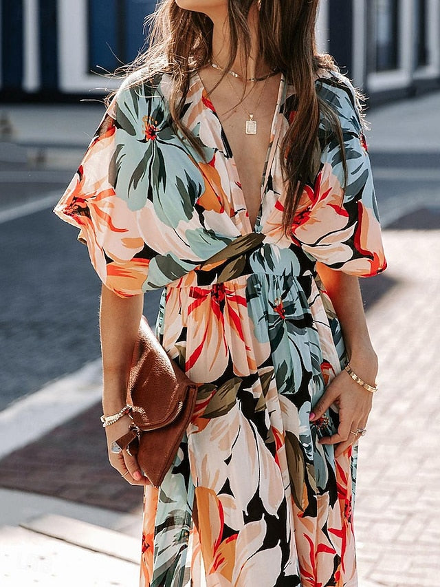 Women's Casual Dress Floral Split Print V Neck Long Dress