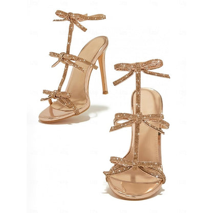 Sparkly Sandals Knot – Strappy Bow Women's Stiletto Gold