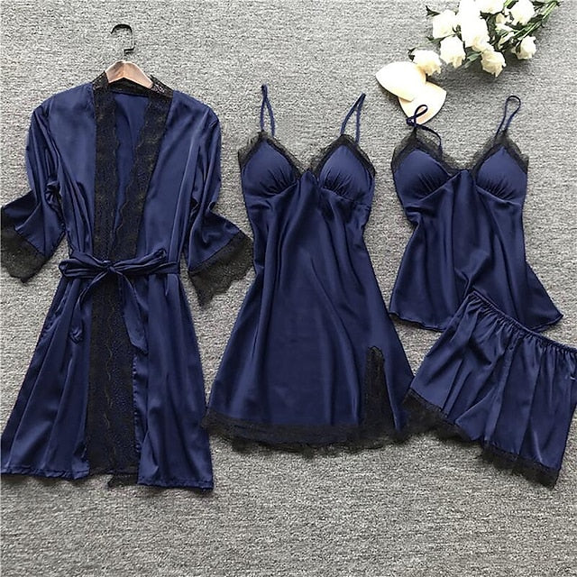 Women's Lace Satin Silk Pajamas Sets 4 Pcs Home Party Daily