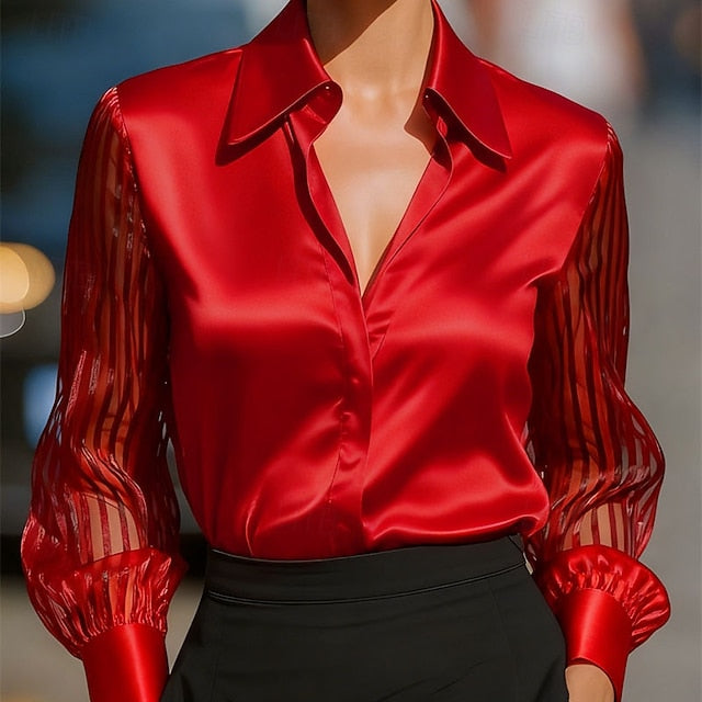 Women's Shirt Elegant Satin Top Blouse Ruched Eyelet