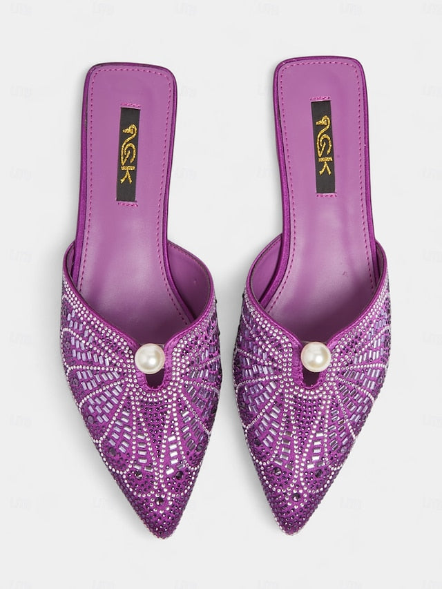 Pearl Mules - Women's Glamorous Detail with Rhinestone Gold