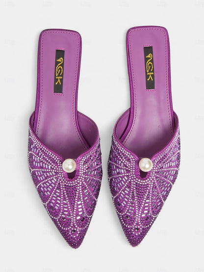Pearl Mules - Women's Glamorous Detail with Rhinestone Gold