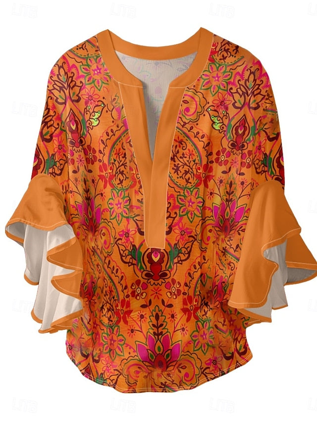 Women's Blouse Ruffle Print Floral Stylish Modern 3/4