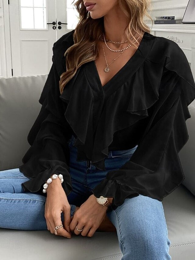 Women's Casual Shirt Blouse Chiffon Tops Ruffle Buttons