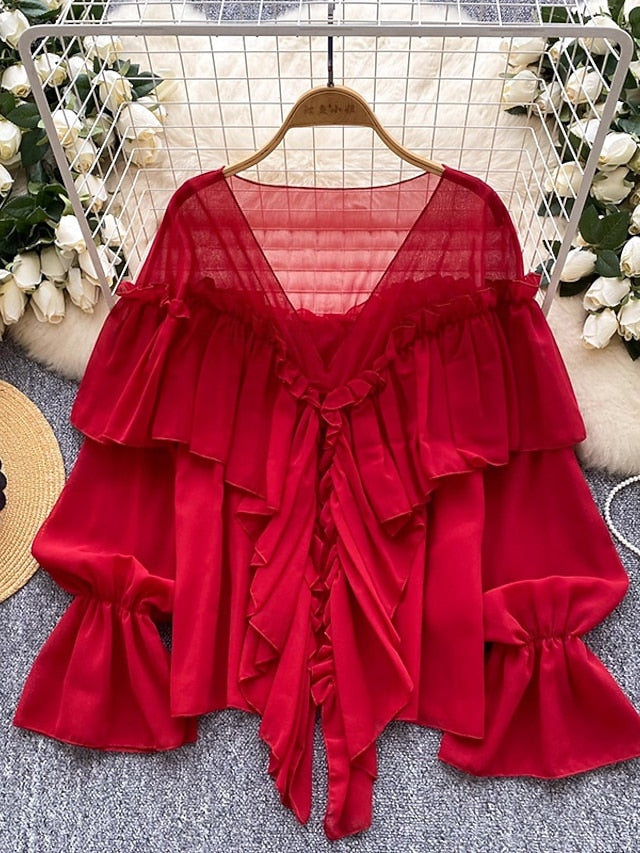 Women's Popover Shirt Casual Shirt Blouse Ruffle Solid