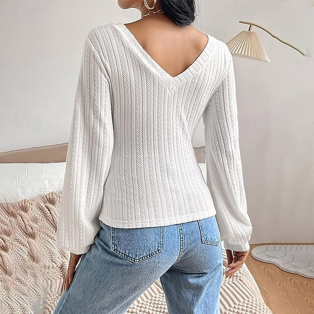 Women's Cable Knit T-Shirt Solid Color Cute Stylish Casual