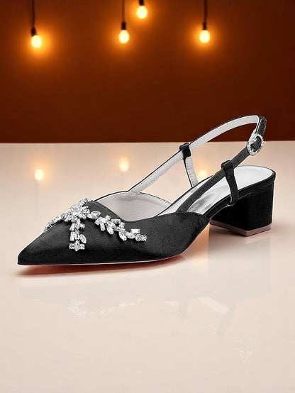 Black Satin Heels Women's Slingback
