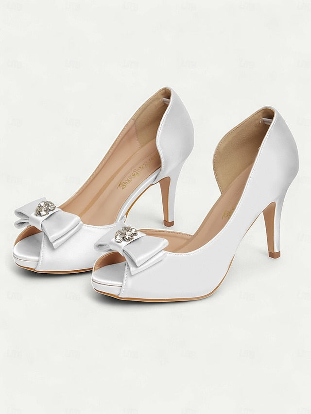 Peep and Heels Bow Women's Satin with Champagne Toe