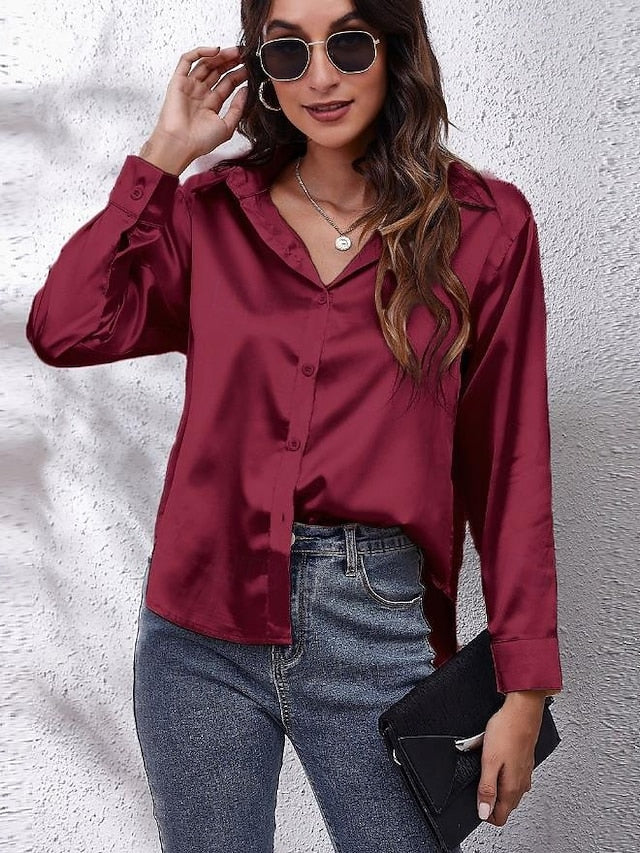 Women's Shirt Elegant Dressy Satin Top Buttons Solid Color