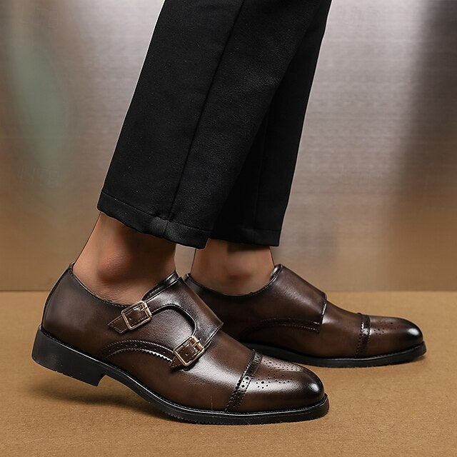 Double Strap with Brown Shoes Men's Leather Monk Faux