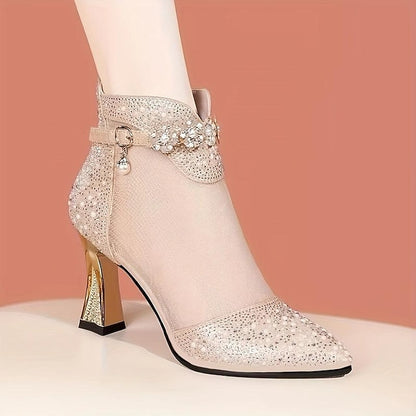 Mesh Ankle Golden Heels Women's – with Rhinestone Boots