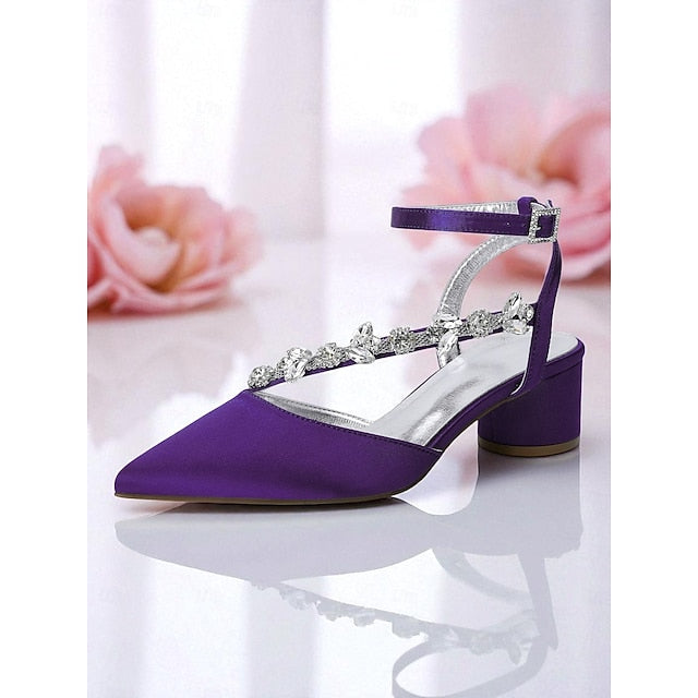 Block Pumps Heel Purple with Satin Rhinestone Women's