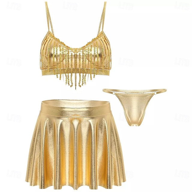 Retro Vintage 1980s Rave Skirt Outfits Crop Top Disco Shiny