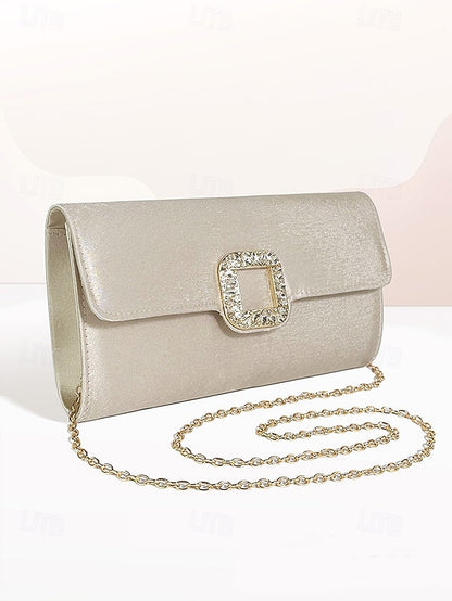 Buckle Women's Satin with Rhinestone Elegant White Clutch -