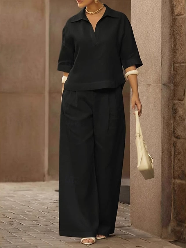 Women's Cotton Linen Sets Pants Sets 3/4 Length Sleeve V