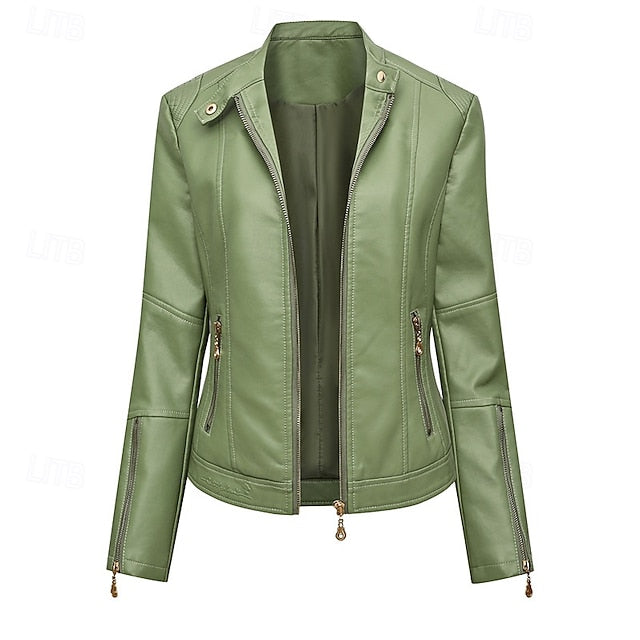 Comfortable Zipper Faux Women's Leather Jacket Pocket