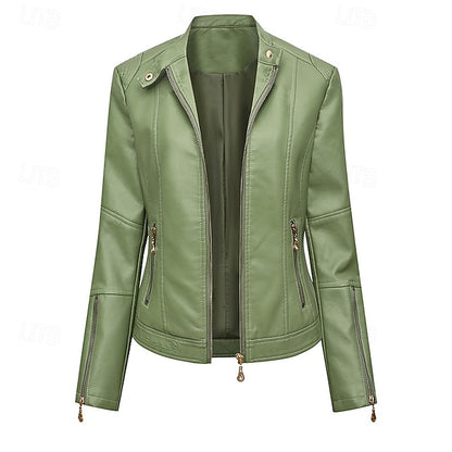 Comfortable Zipper Faux Women's Leather Jacket Pocket