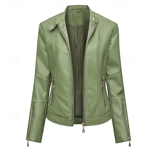 Comfortable Zipper Faux Women's Leather Jacket Pocket