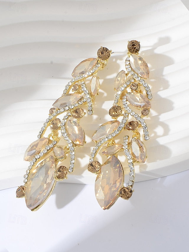 - Earrings Gold Women's Design Crystal Leaf Elegant