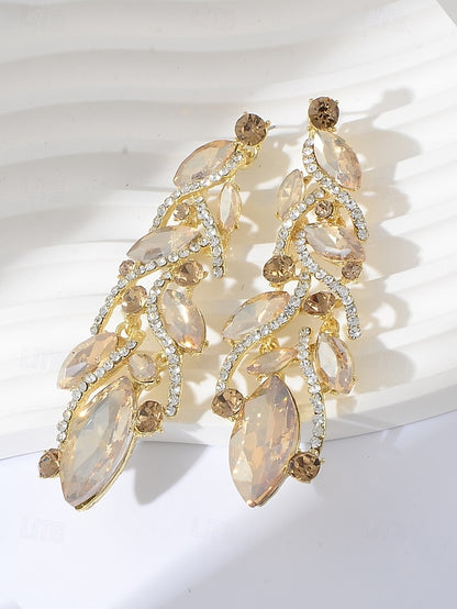 - Earrings Gold Women's Design Crystal Leaf Elegant