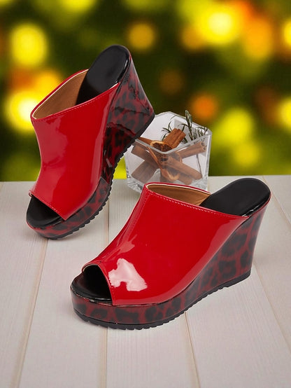 Peep - Leopard Patent Red Leather Sandals Toe Women's Wedge