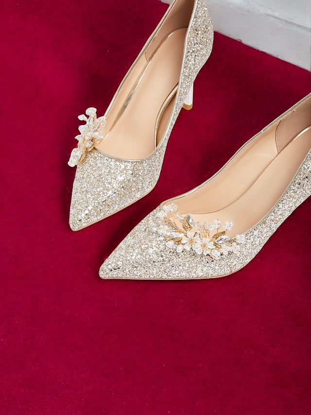 Women's Floral Heels Stiletto Silver with Glitter