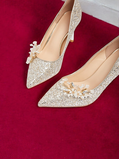 Women's Floral Heels Stiletto Silver with Glitter