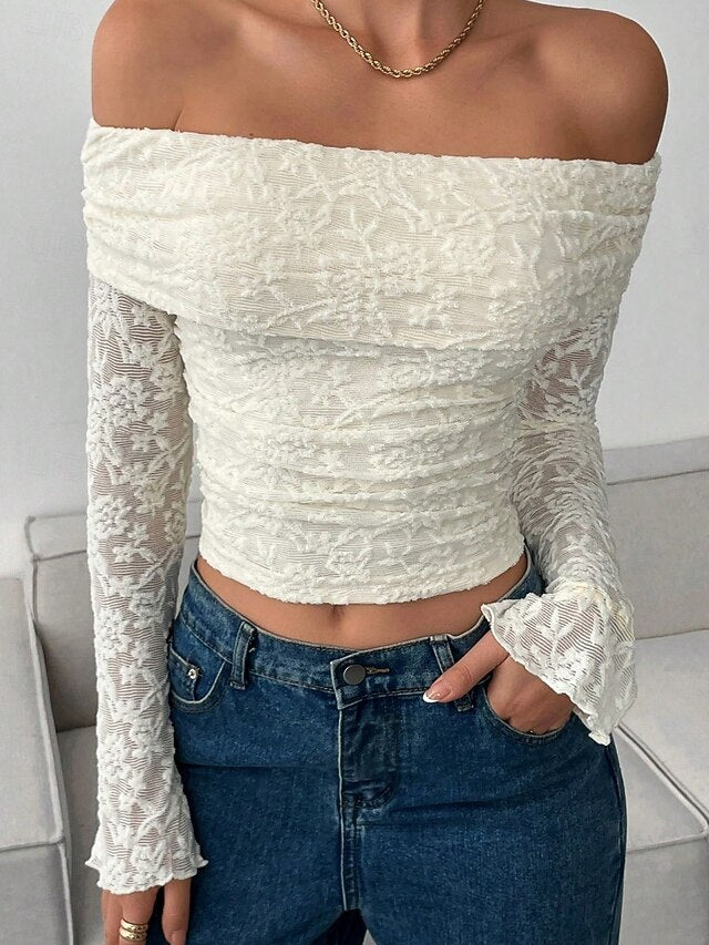 Women's Lace Shirt Blouse Wrap Crop Top Lace Plain Stylish