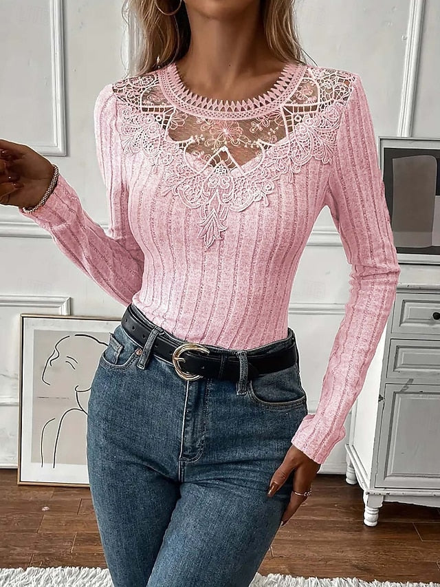 Women's Blouse Lace Patchwork Solid Color Elegant Stylish