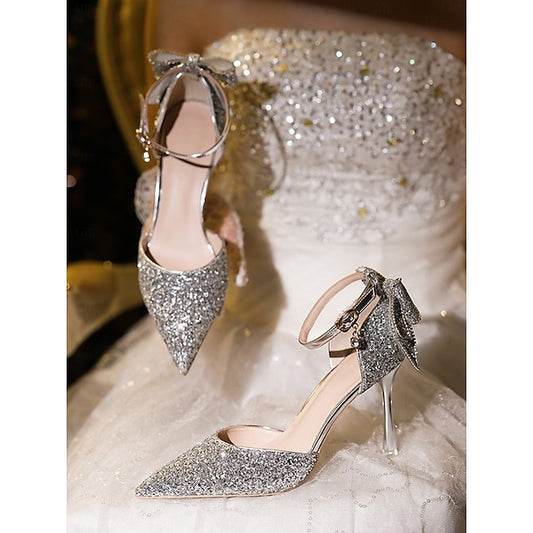 Silver - Women's Toe Sparkly Heels Glitter Bow Pointed