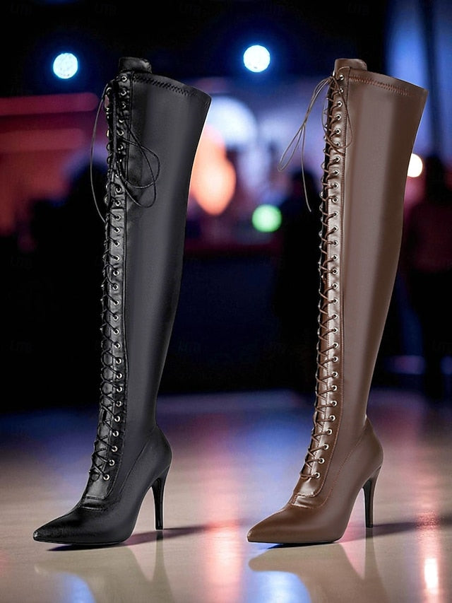 Lace-Up Over Boots Sexy - Knee Stiletto the Women's Brown