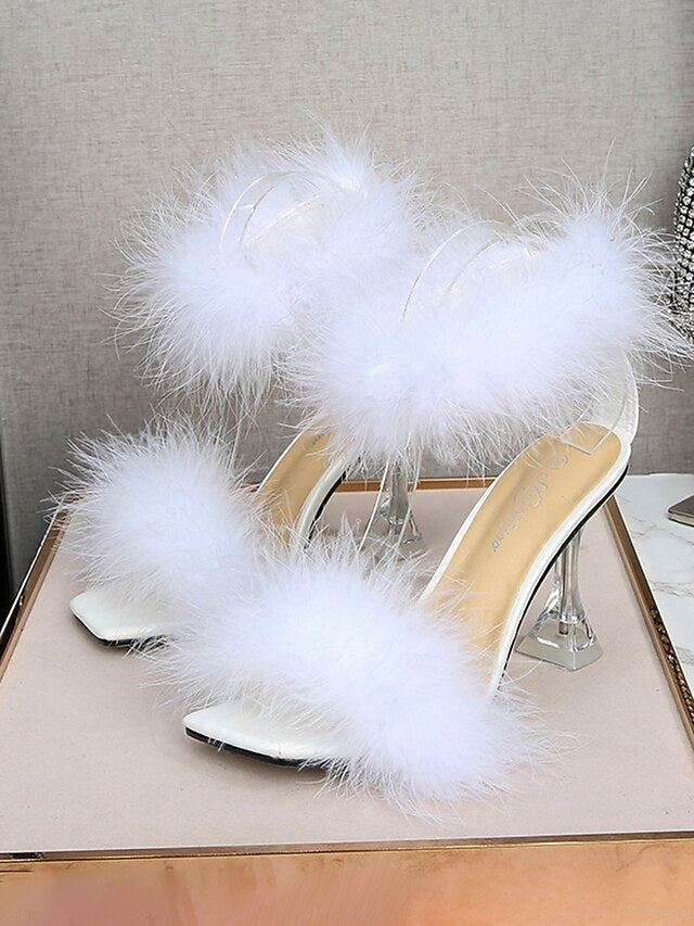 Feather-Embellished Heel Clear with Sandals Turquoise High