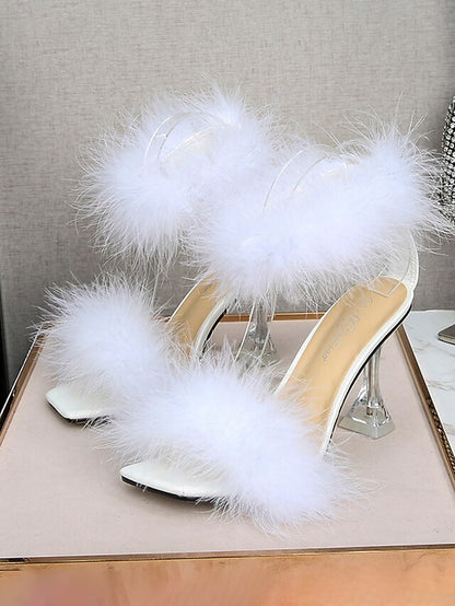 Feather-Embellished Heel Clear with Sandals Turquoise High