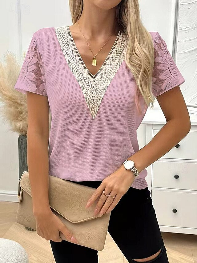 Women's Waffle Knit Tops Lace Patchwork Embroidered Vintage