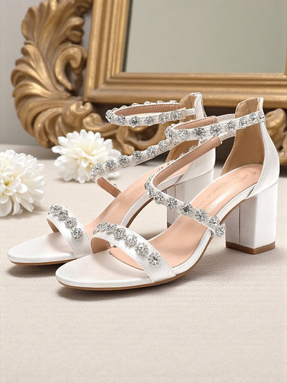 Open Women's Block Heel Elegant Rhinestone - Sandals White