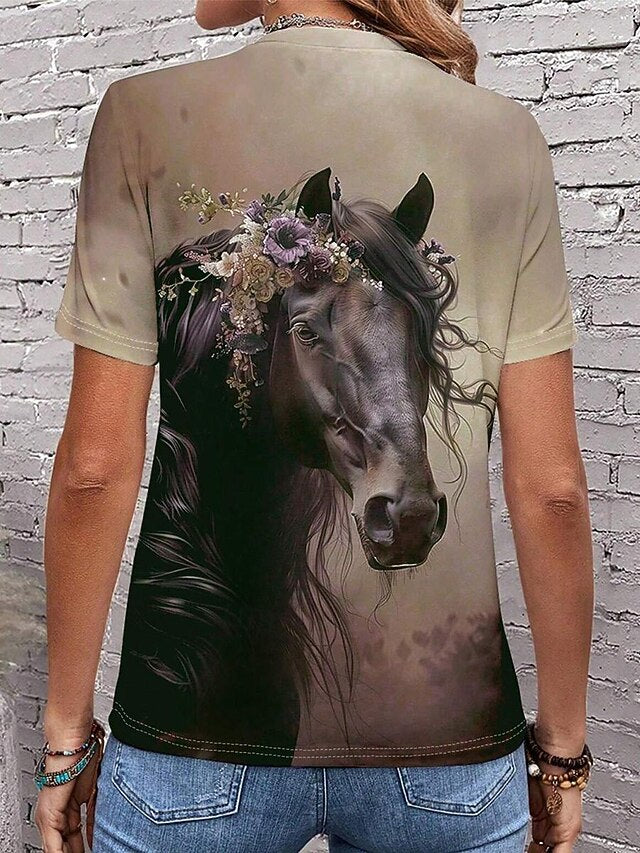 Women's T Shirt Casual Ombre Horse Print Short Sleeve