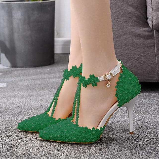 Heel Shoes Women's Wedding High Bridal Lace Pointed