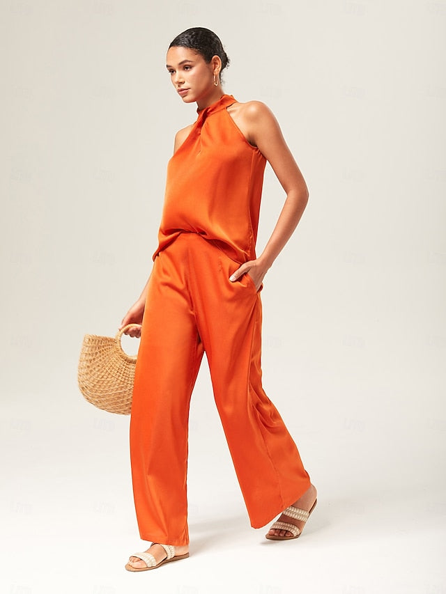 Orange Stand Collar Wide Leg Pants Set