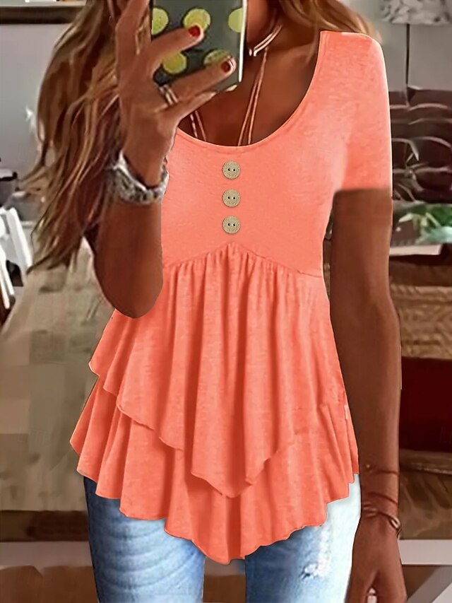 Women's Blouse Ruffle Buttons Solid Color Stylish Casual