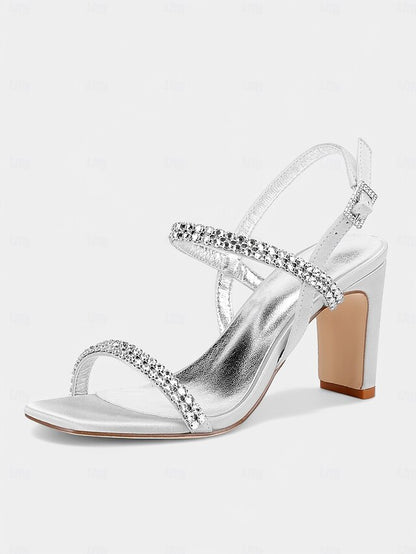 – Bridal Women's Heel Rhinestone Prom Sandals Block White