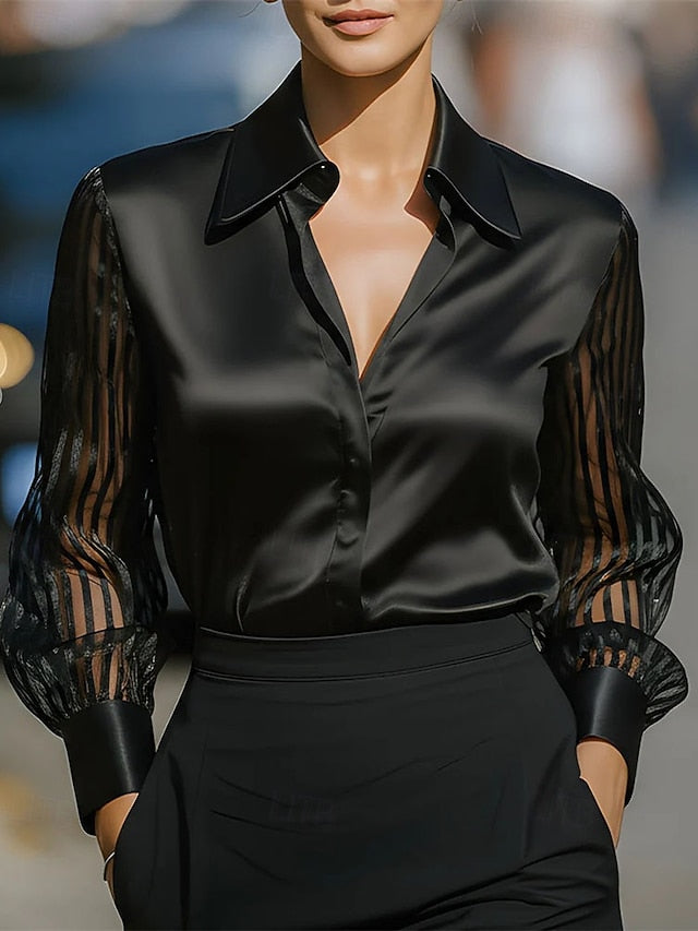 Women's Shirt Elegant Satin Top Blouse Ruched Lace