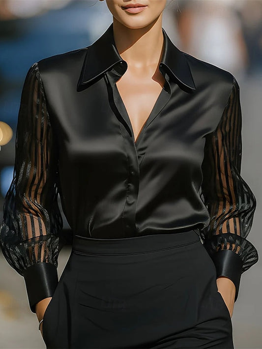 Women's Shirt Elegant Satin Top Blouse Ruched Lace