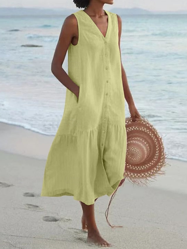 Women's linen like Midi Dress Shift Dress Summer Dress