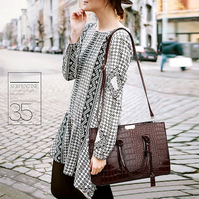 Black Crocodile Women's Leather Pattern Handbag with Patent