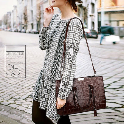 Black Crocodile Women's Leather Pattern Handbag with Patent