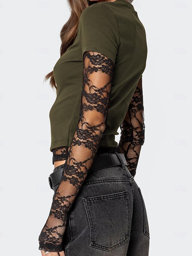 Women's T Shirt Lace Splicing Top Y2K Tunic Mesh Fake two