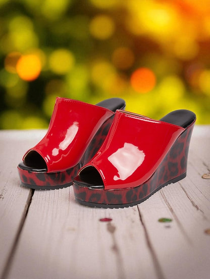 Peep - Leopard Patent Red Leather Sandals Toe Women's Wedge