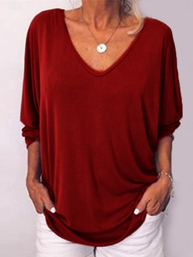 Women's T-Shirt  Solid Color Stylish Casual Long Sleeve V