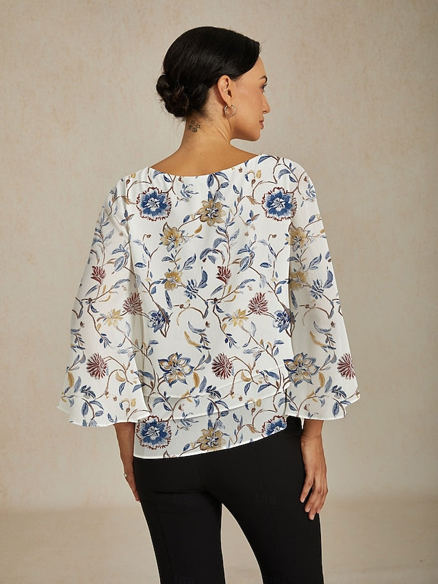 Women's Blouse Floral Print Layered Bell Sleeves Loose Fit