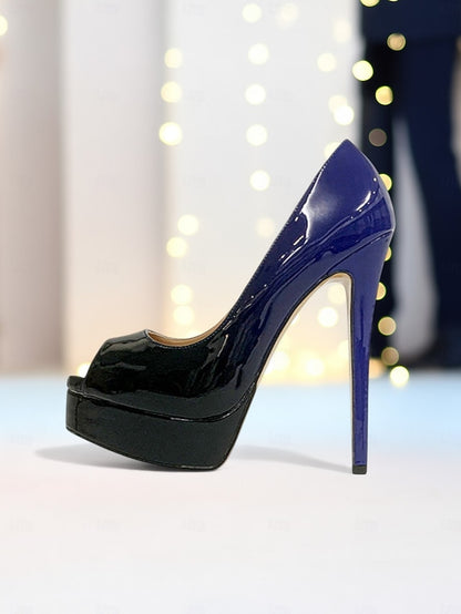 Black High Peep Leather Heels Patent Platform Toe Women's